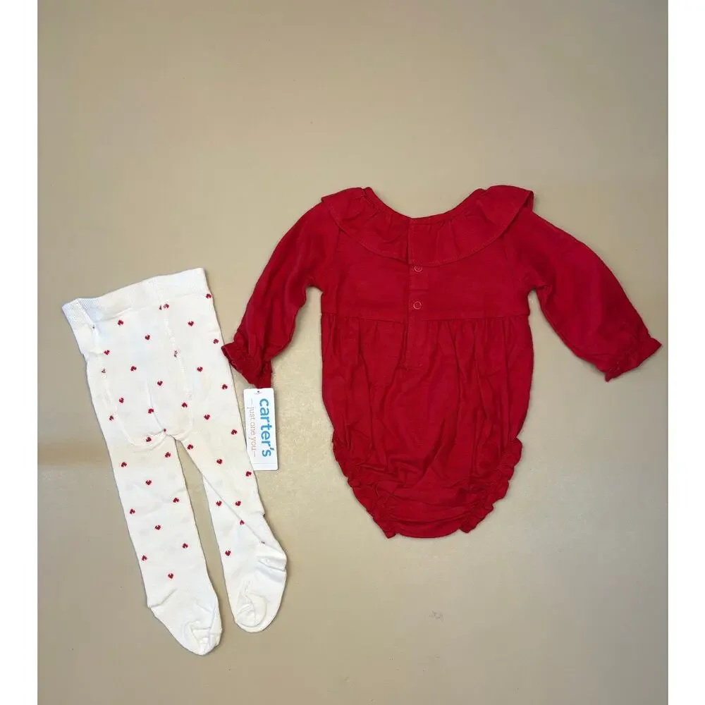 Baby Girl Carter’s Red Ruffle Bodysuit Heart Tights 2 Piece Set 6M NWT